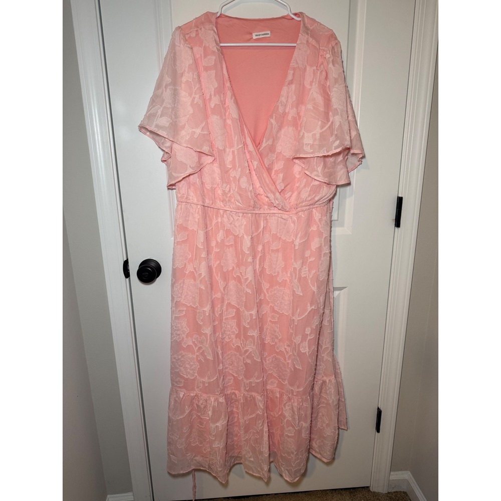 Pinup Fashion Pink Floral Burnout Jacquard Wrap Midi Dress Flutter Sleeve 22/24